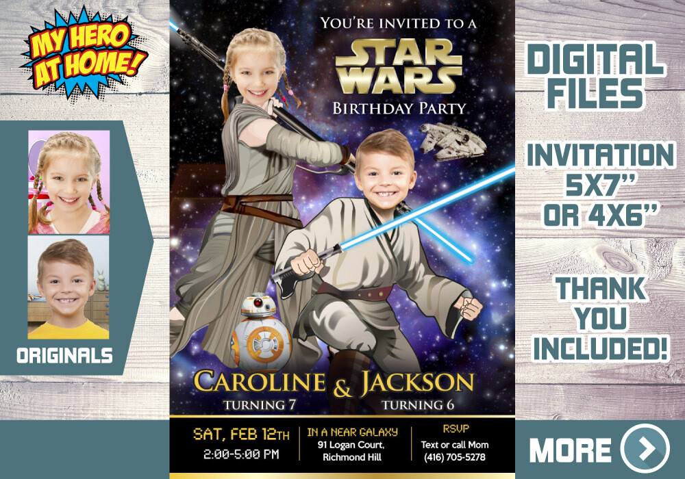 Star Wars Siblings Invitation, Joint Star Wars Birthday, Luke Skywalker and Jedi Rey Party, Jedi boy and girl bday invitation. 028V