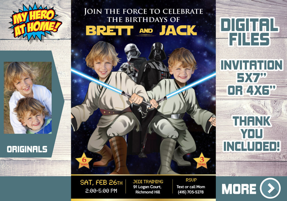 Jedi Siblings Invitation, Joint Star Wars Birthday, Joint Jedi Party Ideas, Joint Star Wars Party, Twins Jedi theme party Party. 423V