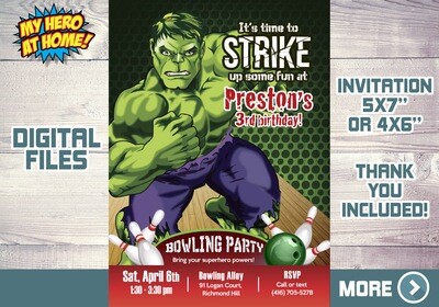 Hulk Bowling Party Invitation, Bowling Party theme Hulk, Hulk Bowling Birthday, Hulk Thank you, Hulk Favors tags. 144NF