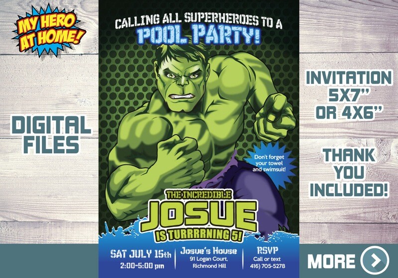 Hulk Pool Party Invitation, Hulk Pool theme Party, Hulk Pool Birthday Invitation, Hulk Favors tags, Hulk Thanks. 090NF