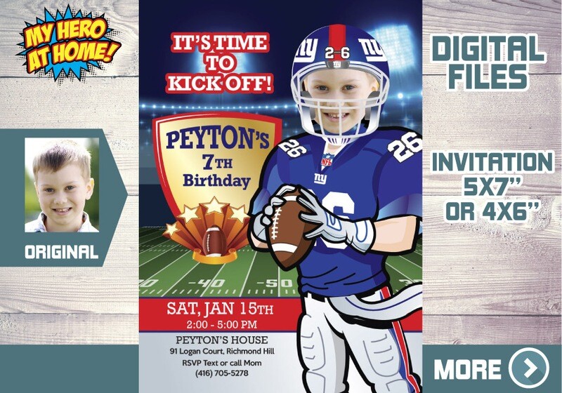 New York Giants Invitation, New York Giants Birthday, New York Giants thank you, New York Giants favor tags, NY Giants party. 531C