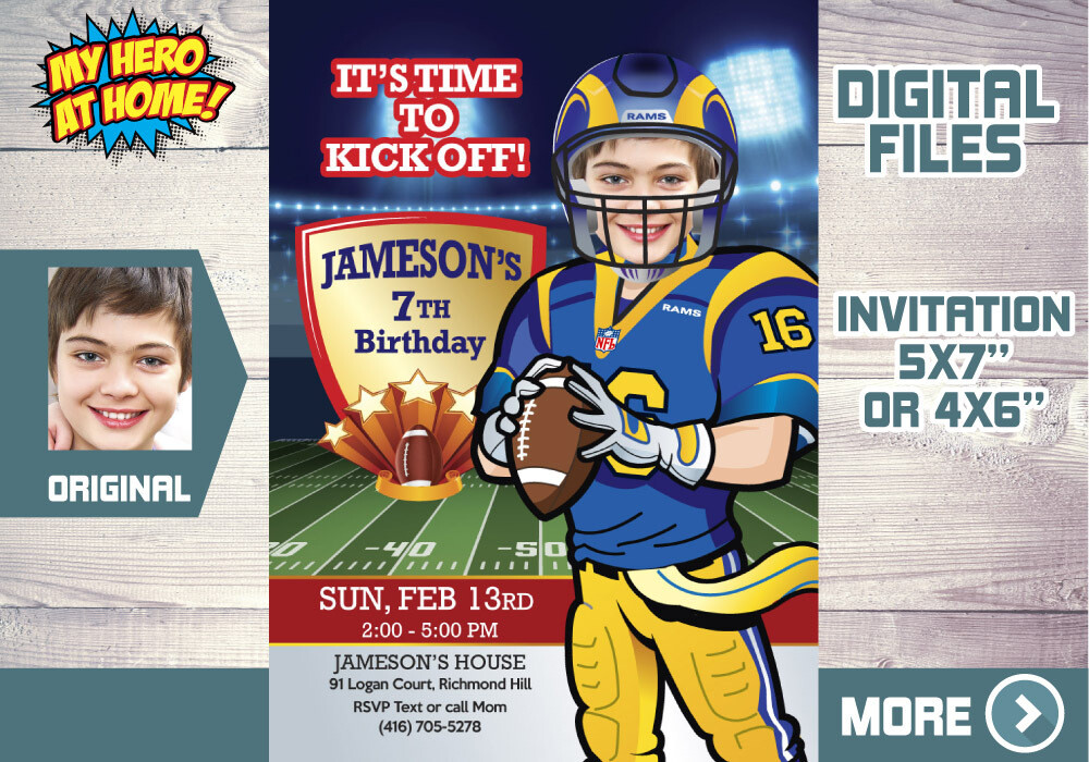 Angeles Rams Birthday Invitation, Angeles Rams Party, Angeles Rams digital invite, Rams thank you, Rams favor tags. 566C