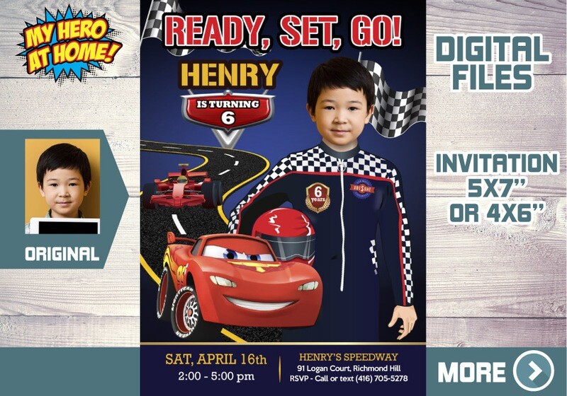 Race Car Invitation, Custom Cars Birthday Invitation, Hot Wheels Birthday, Race Car favor Tags, Race Car Lighting McQueen Invitation. 569
