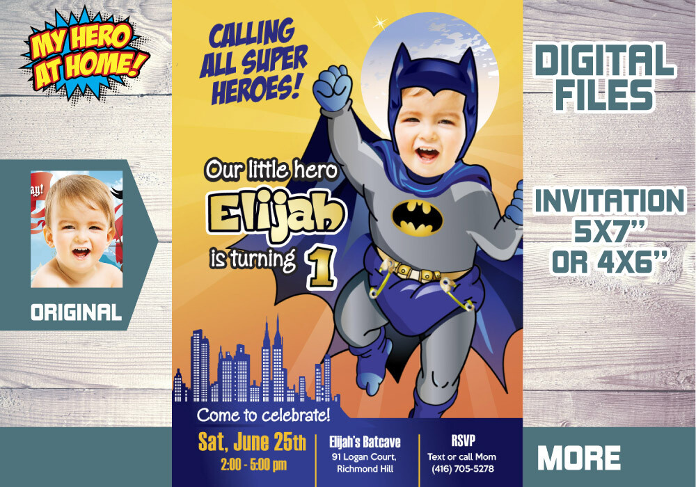 Batman Birthday Invitation, Baby Batman Party Invitation, Batman 1st Birthday Invitation, Batman 1st invitation. 060