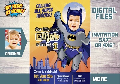 Batman Birthday Invitation, Baby Batman Party Invitation, Batman 1st Birthday Invitation, Batman 1st invitation. 060