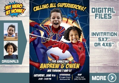 Spiderman siblings Invitation, Joint Spiderman No way home, Joint Spiderman birthday, Iron Spider and Spiderman party. 575