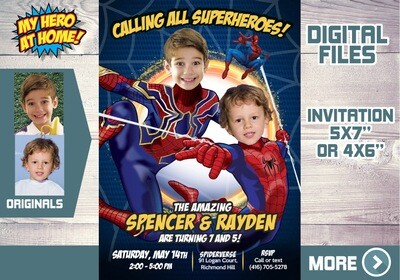 Joint Spider-Man Invitation, Spiderman siblings Invitation, Joint Spiderman digital invitation, Joint Spiderman party, 2 Spiderman Party. 575C