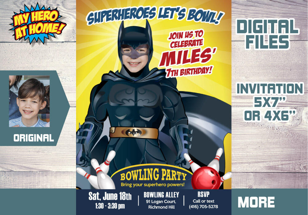 Batman Bowling Party Invitation, Batman Bowling theme party, Batman Digital Invitation, Batman Bowling favor tag. 578