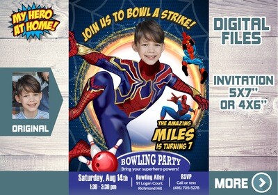 Iron Spider bowling party Invitation, Spiderman bowling invitation, Spiderman bowling party,  Iron Spider bowling thank you. 576C