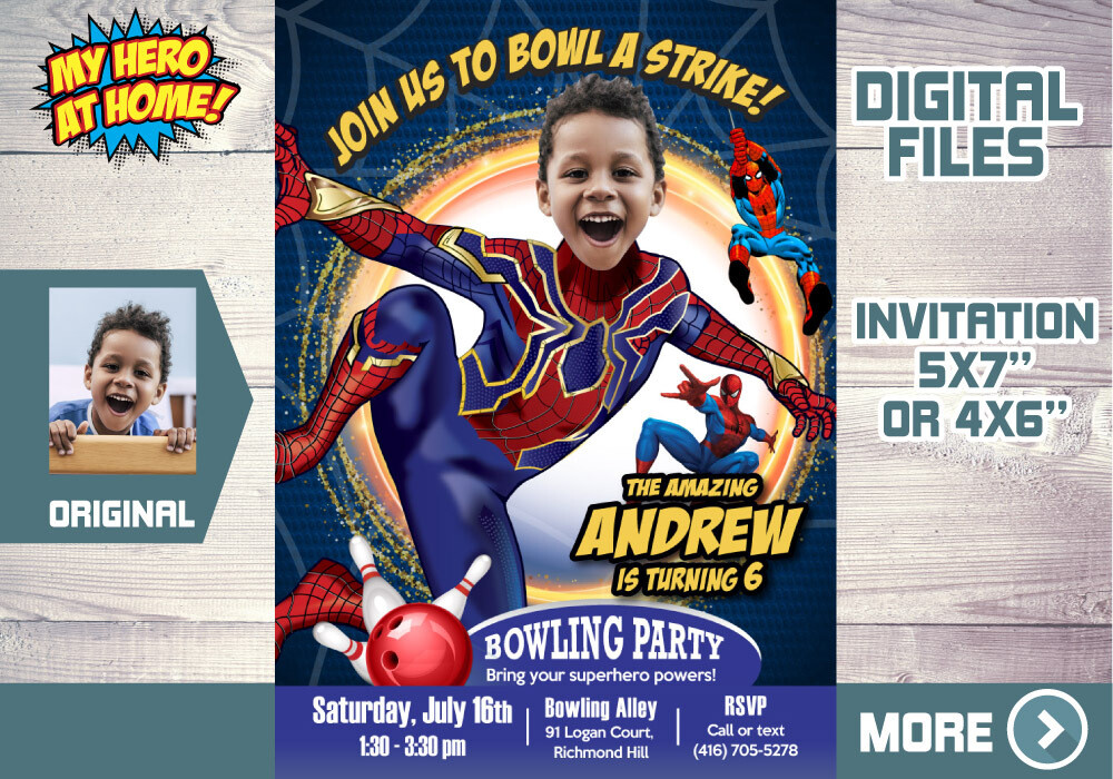 Iron Spider bowling birthdayInvitation, Spiderman bowling invitation, Iron Spider bowling party, Iron Spider bowling thank you. 576