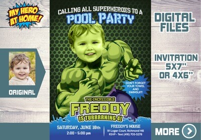 Hulk Pool Party Invitation, Hulk Pool Party theme, Hulk Water party, Hulk pool party thank you, Hulk favor tags, Hulk party favors. 090C