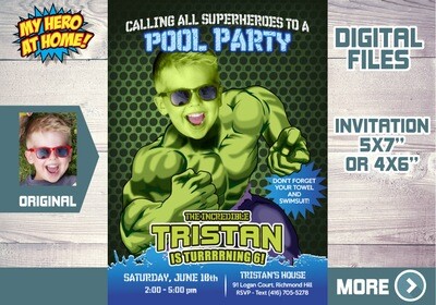 Hulk Pool Party Invitation, Hulk Pool Party Birthday, Hulk Pool Party Ideas, Hulk Birthday Ideas, Avengers Pool Party. 090