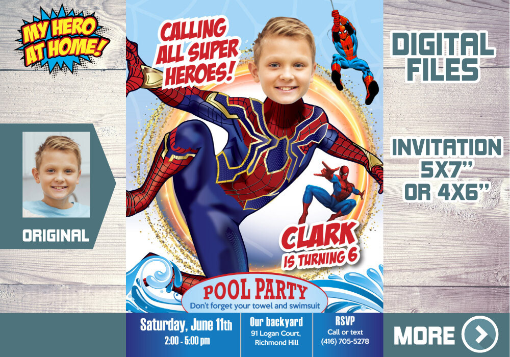 Iron Spider pool party Invitation, Spiderman pool birthday invitation, Iron spider water party, Iron Spider pool party thank you. 579C