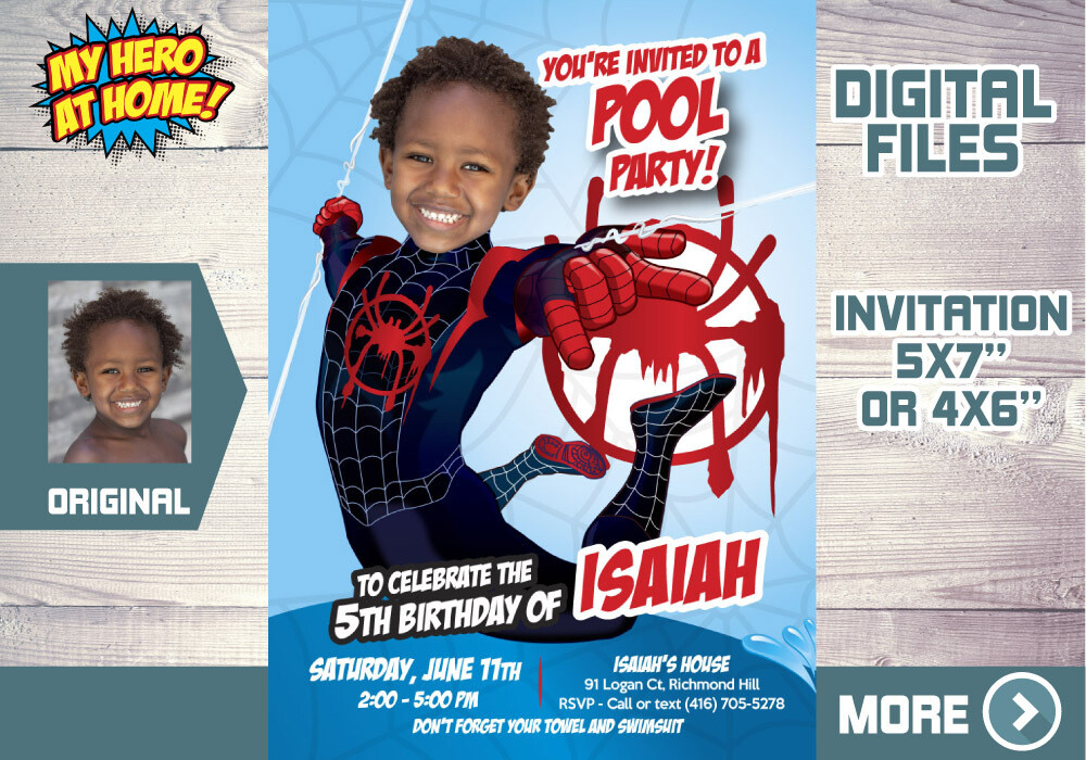 Miles Morales pool party Invitation, Miles Morales pool birthday invitation, Miles Morales water party, Miles Morales thank you. 580C