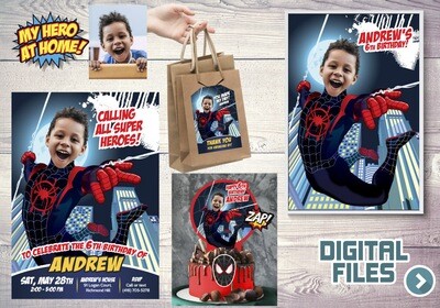 Miles Morales Party Pack, Miles Morales Birthday Invitation, Miles Morales thank you, Miles Morales cake topper, Miles Morales Poster. 399P
