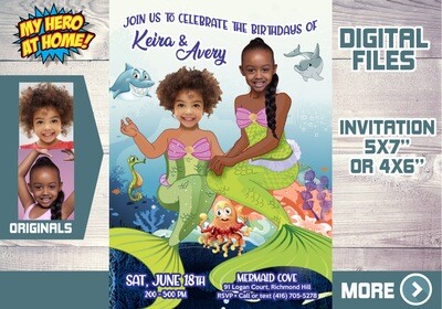 Mermaid Siblings Invitation. Mermaid Siblings Party.  Mermaids sisters invitation. Joint Mermaids theme party. Joint Mermaids Invitation. 582
