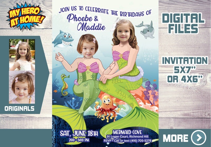 Joint Mermaid Invitation. Mermaid Siblings Party. Mermaid Siblings Invitation. Mermaids sisters. Mermaid thank you. Mermaid favor tags. 582C