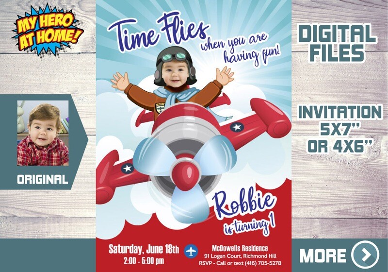 Airplane Invitation, Airplane theme party, Time Flies Invitation, Vintage Plane Invitation, Airplane thank you, Airplane party favors. 547C