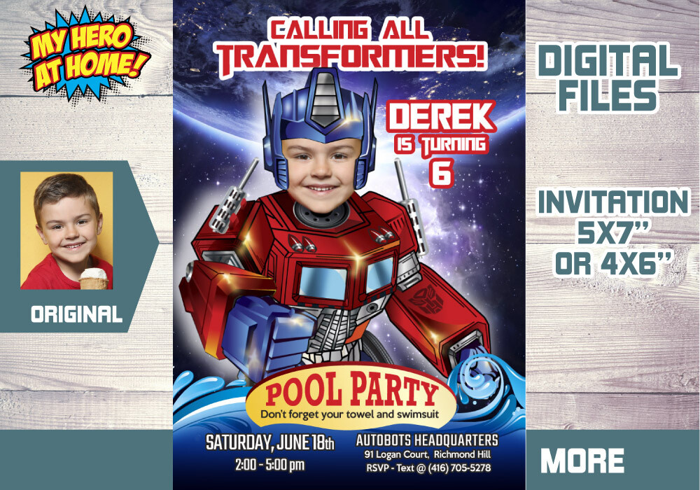 Transformers Pool party Invitation, Optimus Prime Pool Party Invitation, Autobots Pool party Invitation, Optimus Prime theme pool party. 589