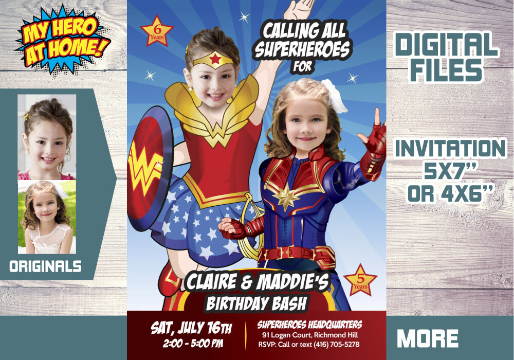 Joint Wonder Woman Captain Marvel Invitation. Joint Super hero girls Birthday. Wonder Woman Captain Marvel Siblings Invitation. 588