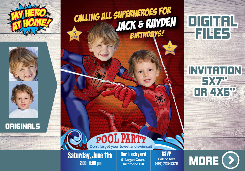 Joint Spiderman Pool Party Invitation, Spiderman siblings Pool Party Invitation, Joint Spiderman thank you, Spiderman themed Pool Party 592C