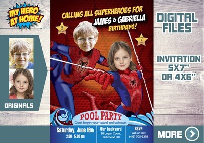 Joint Spiderman Pool Party Invitation, Spiderman siblings Pool Party Invitation, Spiderman Water slide Party, Spiderman themed Pool Party. 592