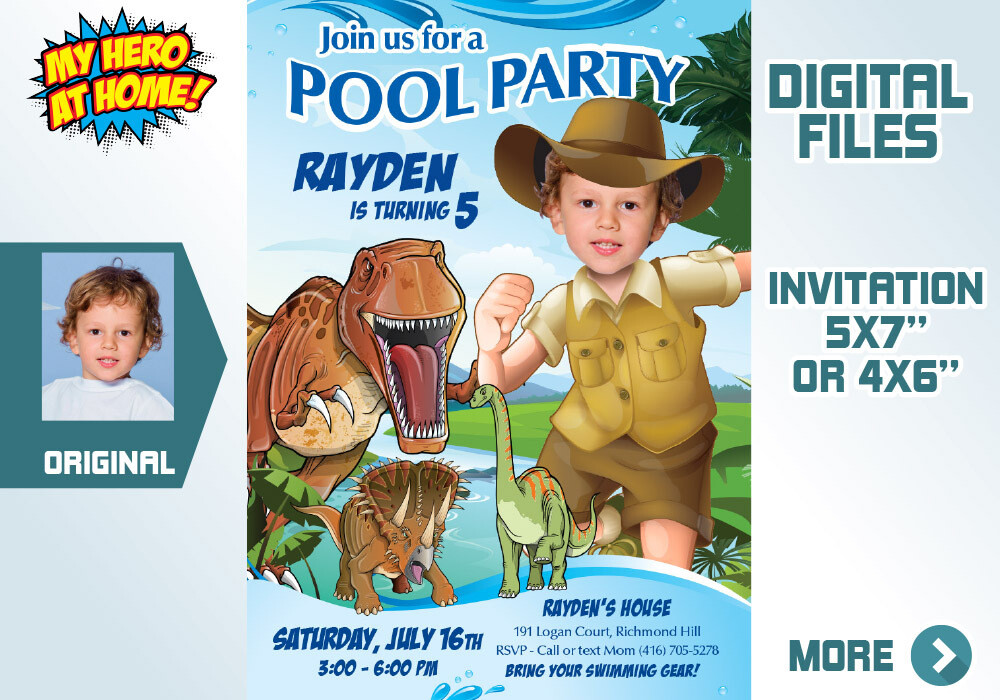 Dinosaurs Pool Party Invitation, T-Rex Pool party, Dinosaurs Adventure Party, Dinosaurs Digital Invitation, Dino Splashy Party. 210