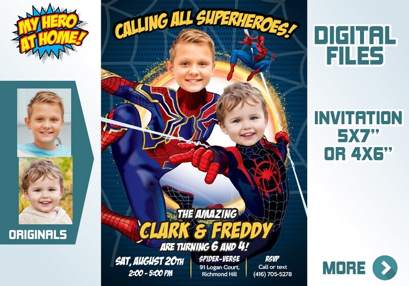 Joint Spiderman and Miles Morales Invitation, siblings Spiderman and Miles Morales Invitation, Joint Spiderman and Miles Morales birthday Party. 594