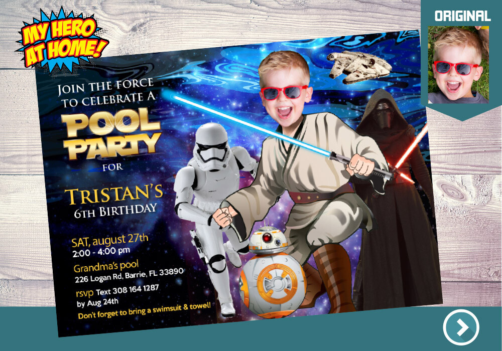 Jedi Pool Party Invitation, Pool Party themed Star Wars, Star Wars Pool Party, Star Wars Water Slide, Star Wars party favors. 014C