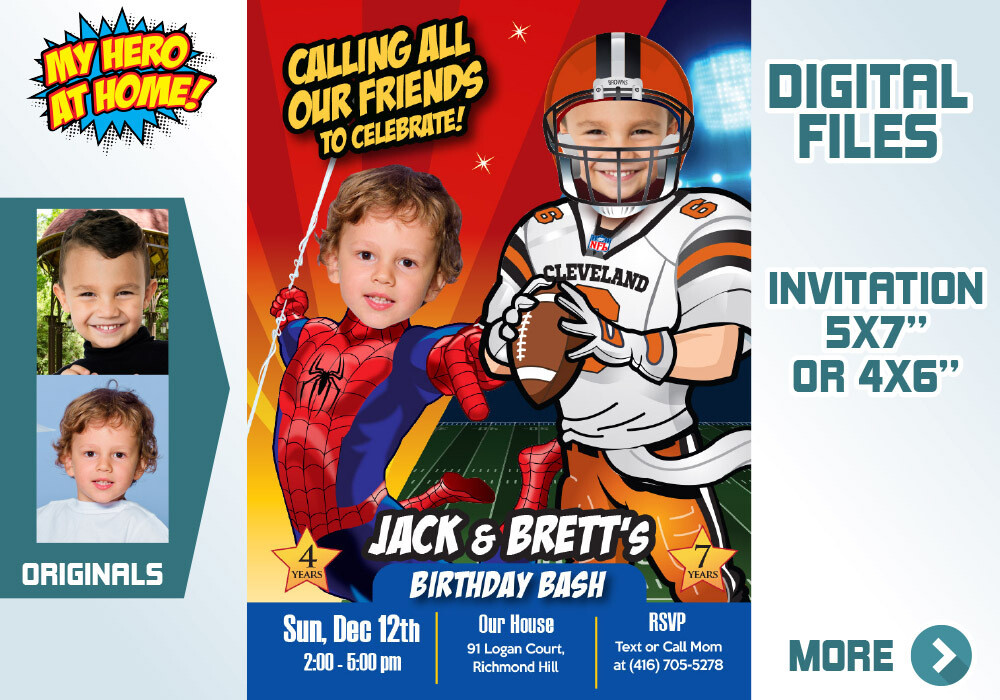 Joint Spiderman Football Invitation, Spiderman Football Siblings Invitation, Spiderman Football theme party, Joint themes party. 599