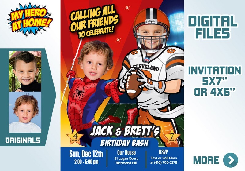 Joint Spiderman Football Invitation, Spiderman Football Siblings Invitation, Spiderman Football theme party, Joint themes party. 599