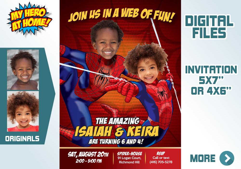 Joint Spider-Man Invitation, Spider-man Siblings Birthday, Joint Spider-man party, 2 children Spiderman Party. 106C