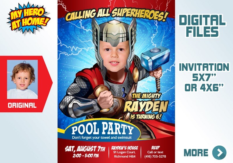 Thor Pool Party Invitation, Thor Splash party invitation, Thor favor tags, Thor Water slide, Thor theme Party, Thor birthday. 350C