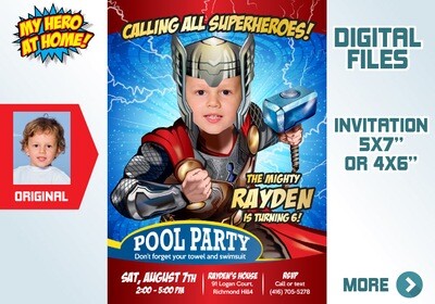 Thor Pool Party Invitation, Thor Thank you, Thor favor tags, Thor Water slide, Thor theme Party, Thor birthday. 350C