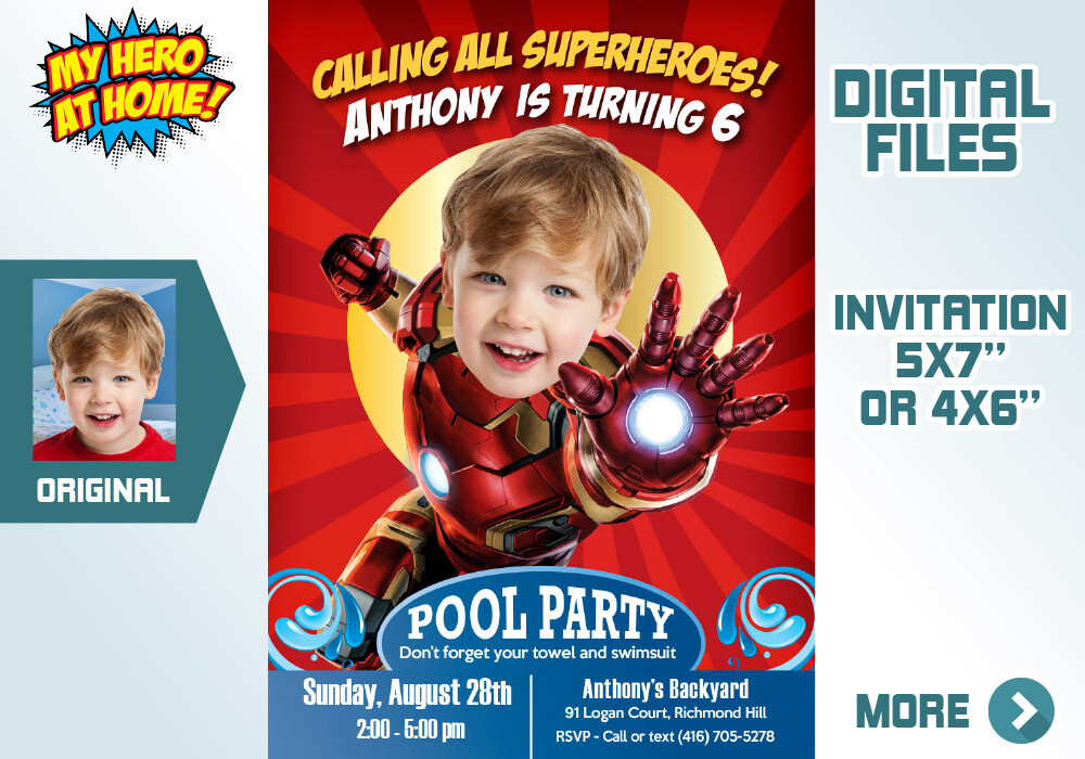 Ironman Pool Party Invitation, Ironman Water slide, Iron man Invitation, Ironman thank you, Iron man favor tags, Ironman party favors. 351C