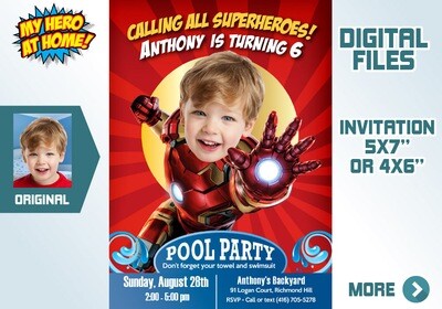 Ironman Pool Party Invitation, Ironman Water slide, Iron man Invitation, Ironman thank you, Iron man favor tags, Ironman party favors. 351C