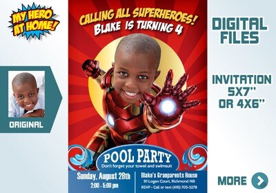 Iron Man Pool Party Invitation, Ironman Pool Party Decor, Iron man Splash Party, Iron man Water slide. 351
