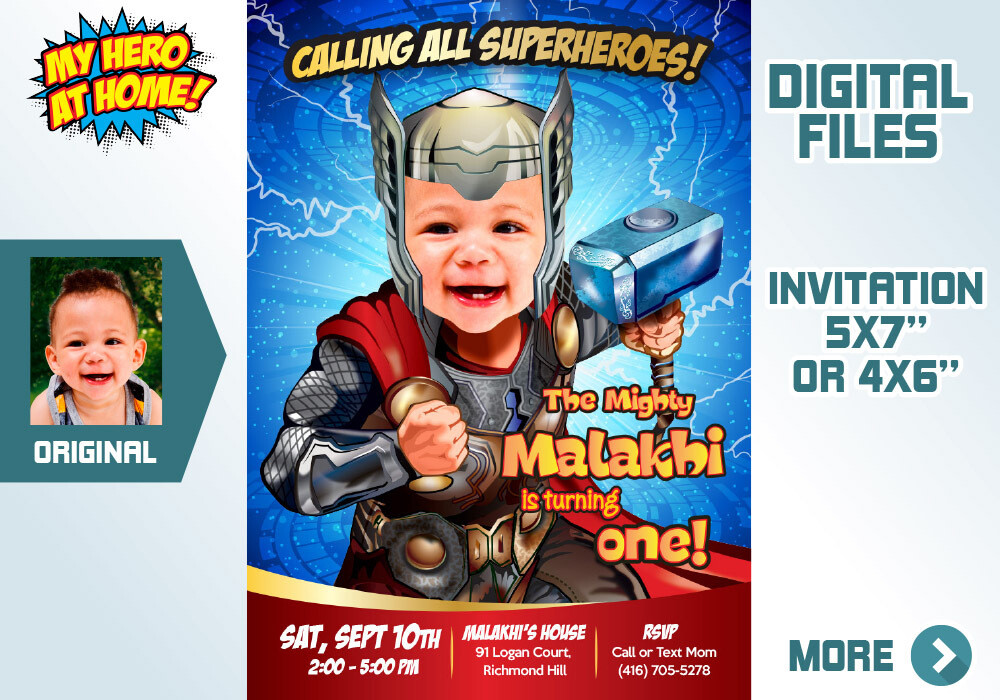 Thor Invitation, Baby Thor Invitation, Thor 1st Party, Baby Thor birthday, Thor thank you, Thor favor bags, Baby Thor party favors. 417C