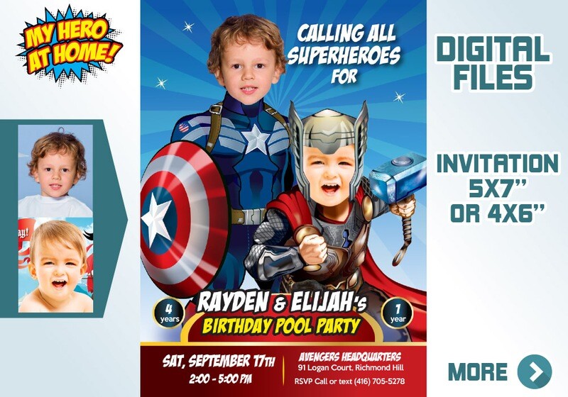 Joint Thor and Captain America Invitation, Thor and Captain America siblings Party, Joint Captain America and Thor Birthday template. 240