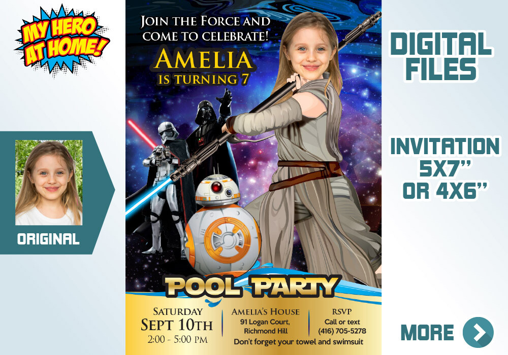 Jedi Rey Pool Party Invitation, Star Wars Pool Party thank you, Jedi Rey Digital Invitation, Jedi Rey party favors, Jedi Rey Invitation. 015C
