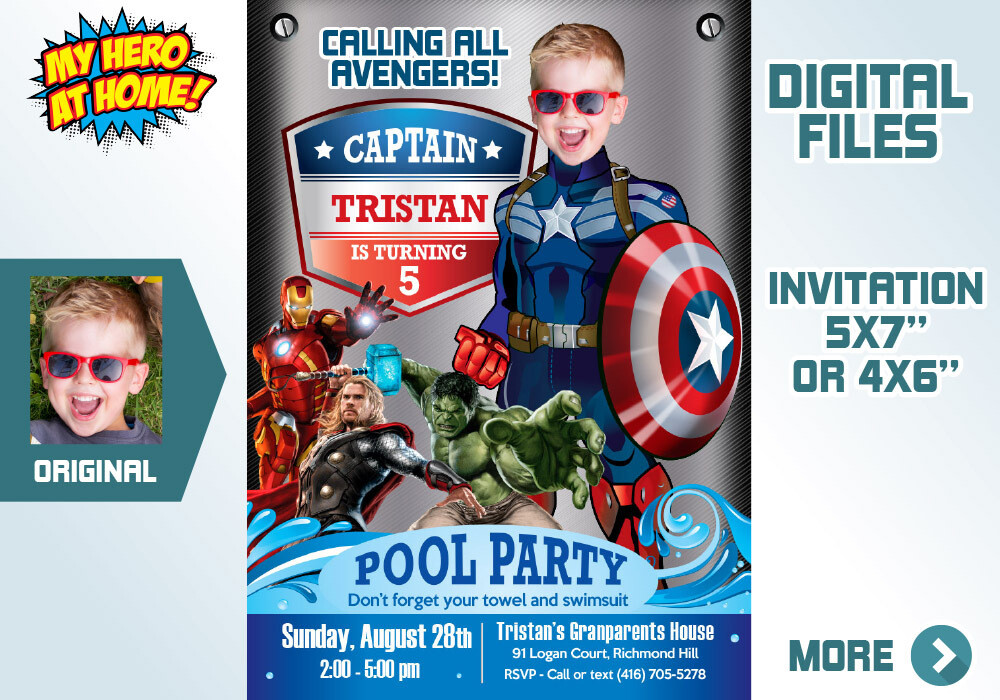 Capt America Pool Party Invitation, Capt America Digital, Captain America invitation, Capt America Pool party, Capt America thank you. 078C