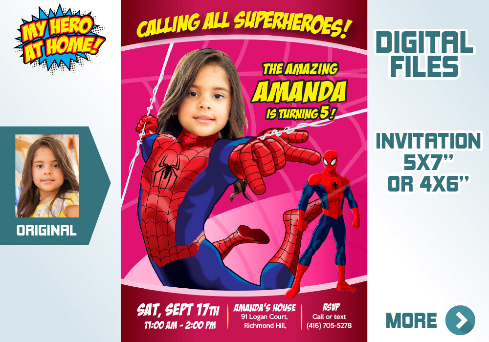 Spider Girl Birthday Invitation, Spider Woman Birthday, Spider Girl theme Party,  Spidergirl Digital, spider girl party favors. 158C