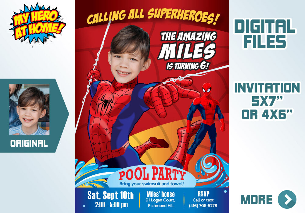 Spiderman Pool Party Invitation, Spiderman waterslide party, Spiderman water Party, Spiderman Thank you, Spiderman favor tags. 105C