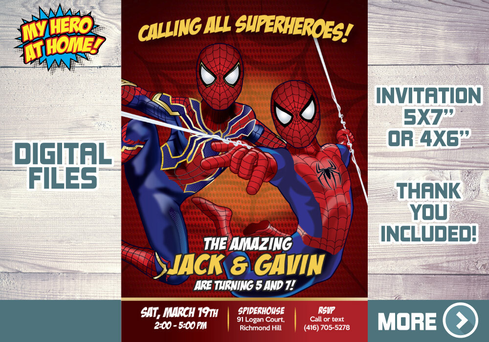 Joint Spider-Man Birthday Invitation, Spider-Man Siblings Party Invitation, Spider-Man Twins theme party, Joint Spider-Man Thank you. 565