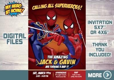 Joint Spider-Man Birthday Invitation, Spider-Man Siblings Party Invitation, Spider-Man Twins theme party, Joint Spider-Man Thank you. 565
