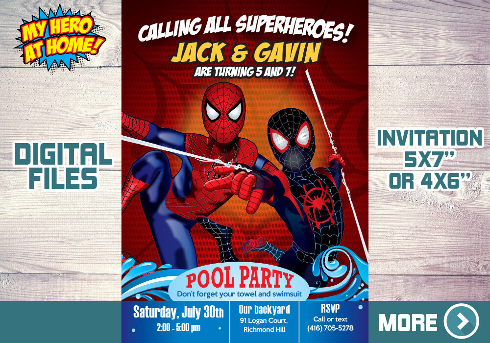 Joint Spider-Man Pool Party Invitation, Spiderman and Miles Morales Invitation, Spider-Man Twins pool party, Joint Spider-Man Thank you. 602