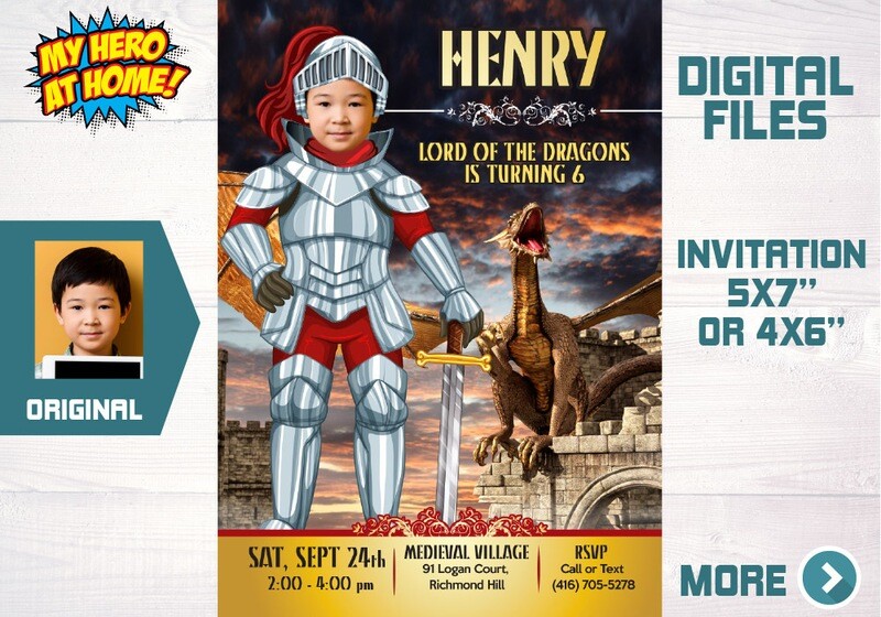 Knights Birthday Invitation, Dragons Party Invitation, Medieval birthday invitation, Medieval Party, Medieval Digital Invitation. 220C