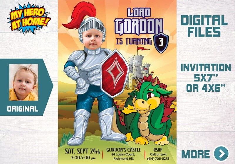 Baby Knight birthday, Dragons theme party, Knight thank you, Medieval 1st Invitation, Medieval party favors, young knight party. 217C