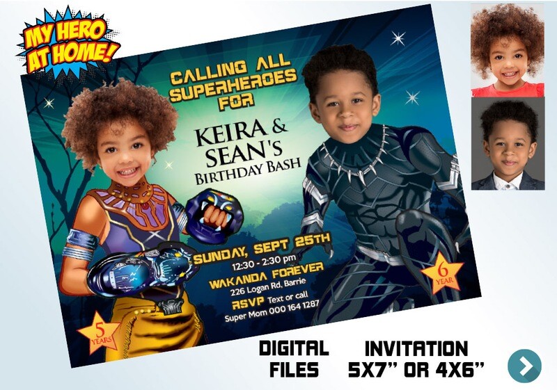 Black Panther and Shuri photos Invitation, Black Panther Siblings Party, Joint Black Panther invitation, Joint Black Panther thank you. 175C