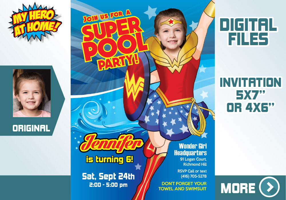 Wonder Woman photo Invitation, Wonder Woman Pool Party, Wonder Woman thank you, Superhero girls Pool Party. 130C